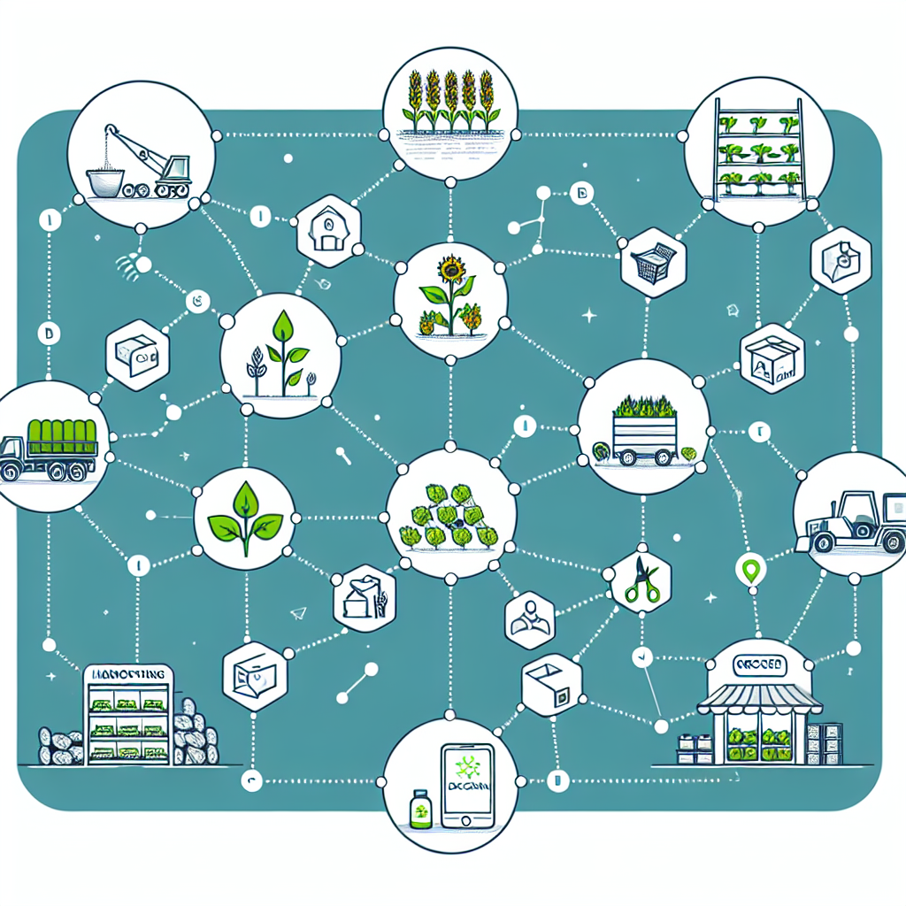 "Diagrama ilustrativo de cómo la tecnología blockchain mejora la trazabilidad de productos agrícolas en la cadena de suministro, mostrando la transparencia y seguridad en el proceso logístico."